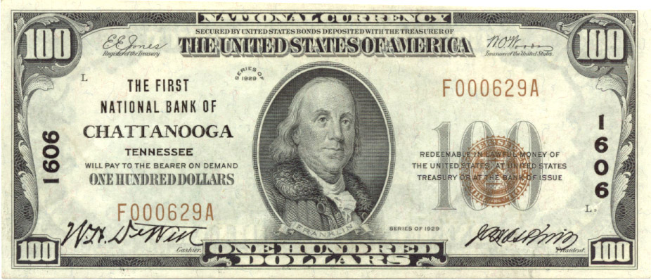 $100 1st NB Chattanooga Ch1606 1929 T-1